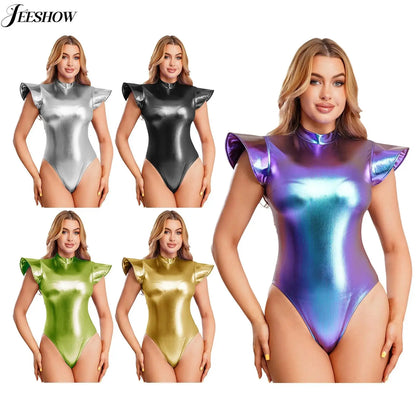 Womens Shiny Metallic Fly Sleeve Bodysuit Holographic Mock Neck Back Zipper High Cut Leotard Space Theme Party Cosplay Costume