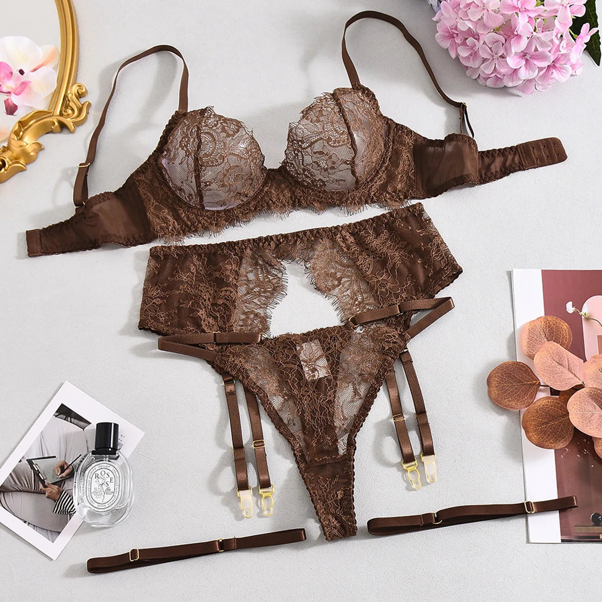 Ellolace Solid Lingeries Sexy Hot Elegant Bra Belt Thong 3PC with Leg Circles Cute Intimate Seductive Lace Tempted Underwear