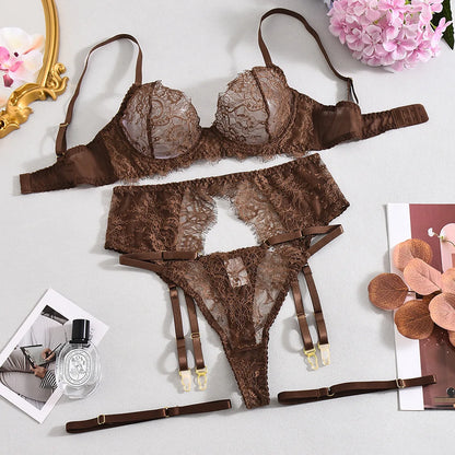 Ellolace Solid Lingeries Sexy Hot Elegant Bra Belt Thong 3PC with Leg Circles Cute Intimate Seductive Lace Tempted Underwear