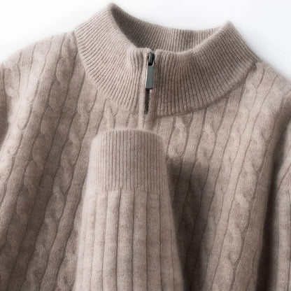 410g Pure Wool Sweater Men's, Thickened Anti-Pilling, Semi-Zip High Neck, Old Money Luxury Style