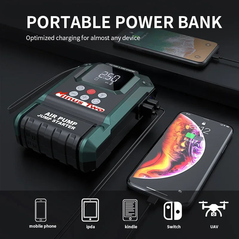 2000A Portable Power Station: Car Jump Starter with 180PSI Air Pump, Dual USB Power Bank & Emergency Booster Kit.
