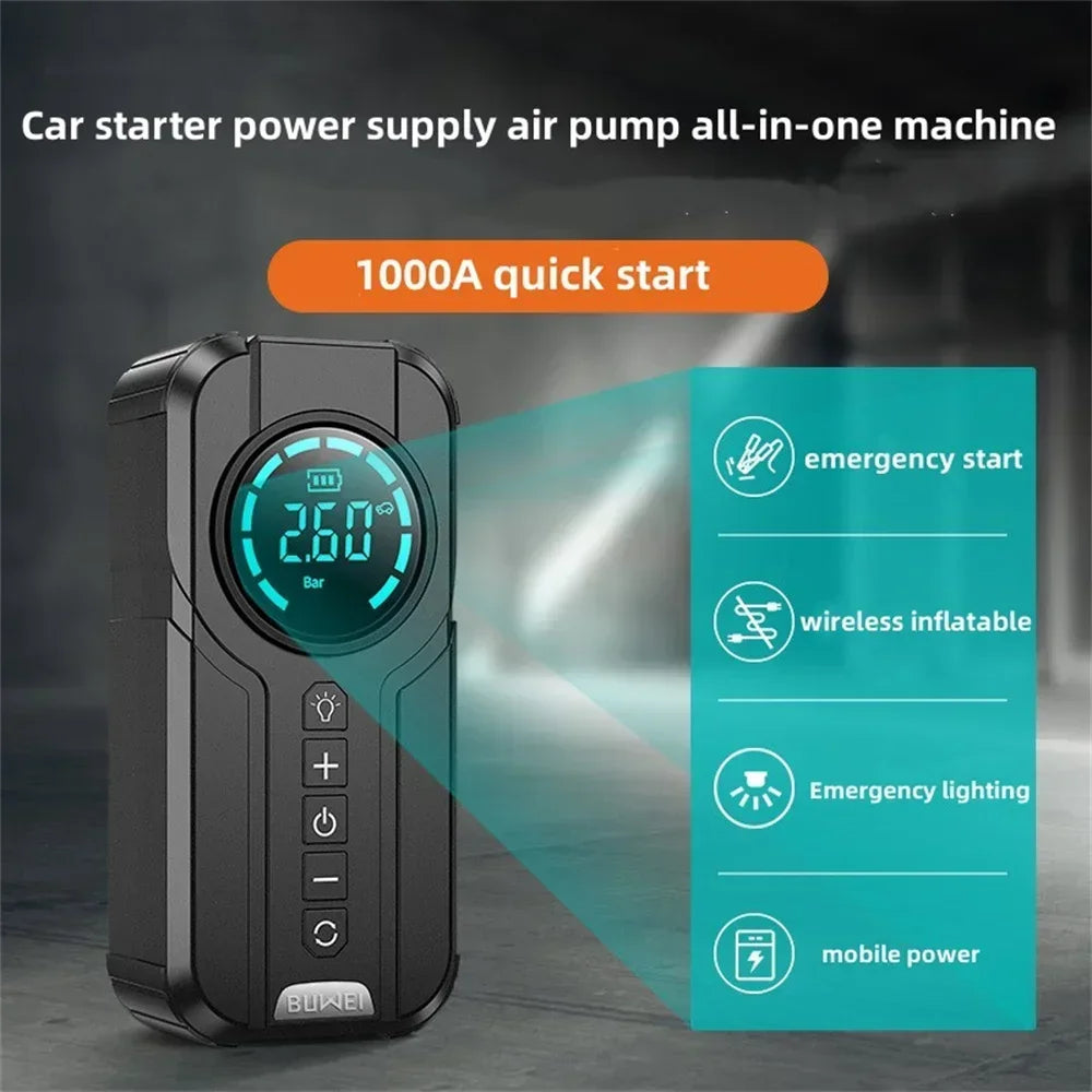 All In One Portable Charger Power Bank  Professional Car Battery Starter - Emergency Car Jump Starter With 150PSI Inflation Pump