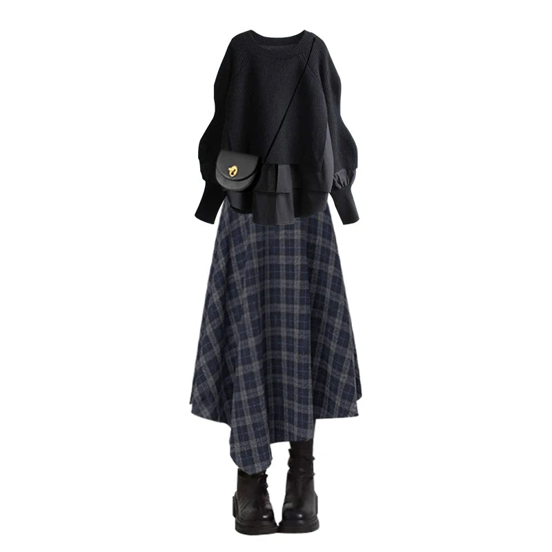 Autumn Winter Fashion Loose Slimming Splice Knitted Sweater High Waist A-Line  Skirt Set Women's plus Size Clothing