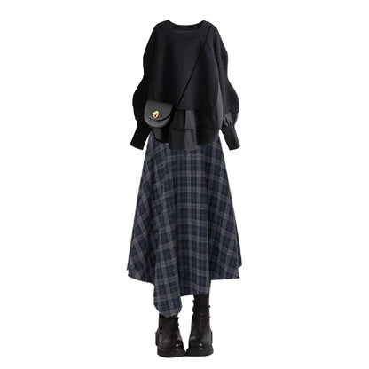 Autumn Winter Fashion Loose Slimming Splice Knitted Sweater High Waist A-Line  Skirt Set Women's plus Size Clothing