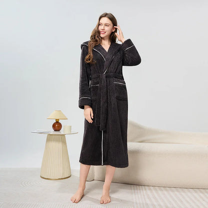 Couples Thickened Hooded Bath Robe Warm Sleepwear for Men And Women Cotton Velvet Winter Home Clothes Unisex Pajamas