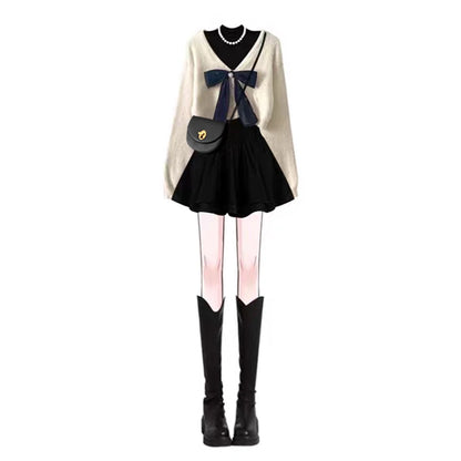 Korean Style  Knot Short Knitted Sweater Dress Two Piece Set Slimming Waist Design Casual Fashion for Women