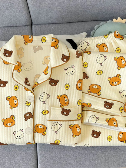 Thickened Air Cotton Sleepwear Set for Women Lazy Bear Cartoon Design Long Sleeve Long Pants Home Clothes Autumn Winter