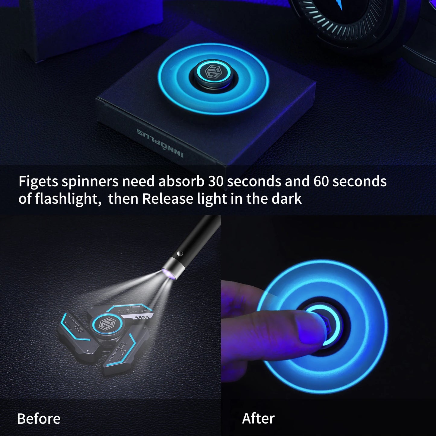 Metal Fidget Spinner Glow in the Dark Quiet Bearings, Stress Relief Toy for Kids & Adults, Cool Gift for Anxiety Relief