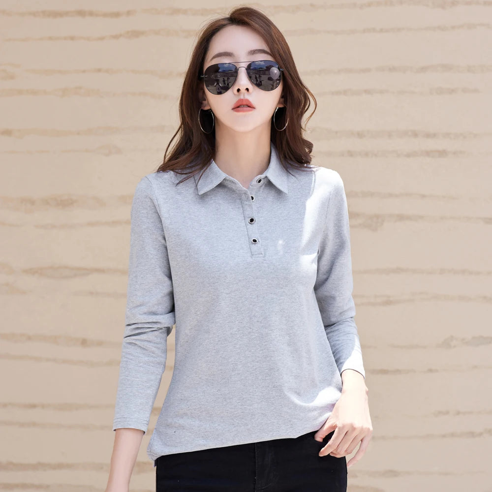 Autumn New In Basic T Shirt Long Sleeve Cotton Plus Size Cotton Polo T- Shirt Women Button Casual Office Lady Formal Women Tops