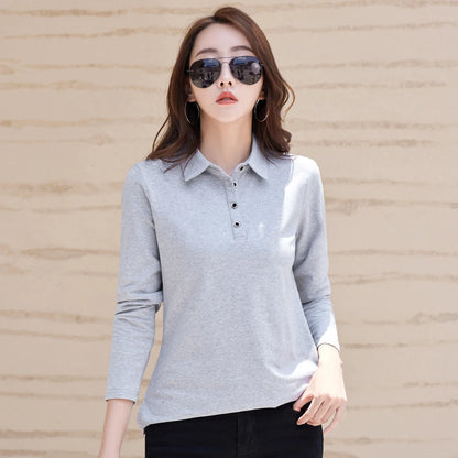 Autumn New In Basic T Shirt Long Sleeve Cotton Plus Size Cotton Polo T- Shirt Women Button Casual Office Lady Formal Women Tops