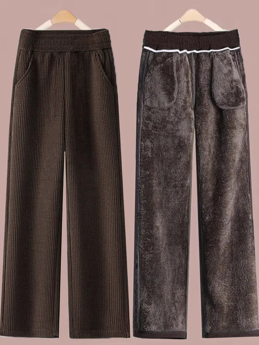 Fleece Lined Thick Corduroy High Waist Wide Leg Pants Women's Autumn Winter New Style Drapey Mom Straight Leg Trousers Trendy