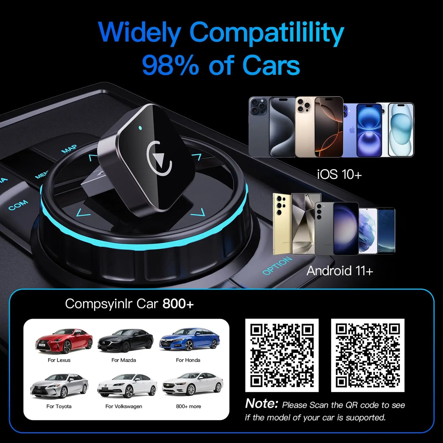 2-in-1 Wireless CarPlay & Android Auto Adapter , Universal Fit for Most Cars,  Wireless Connection, Plug & Play iOS/Android