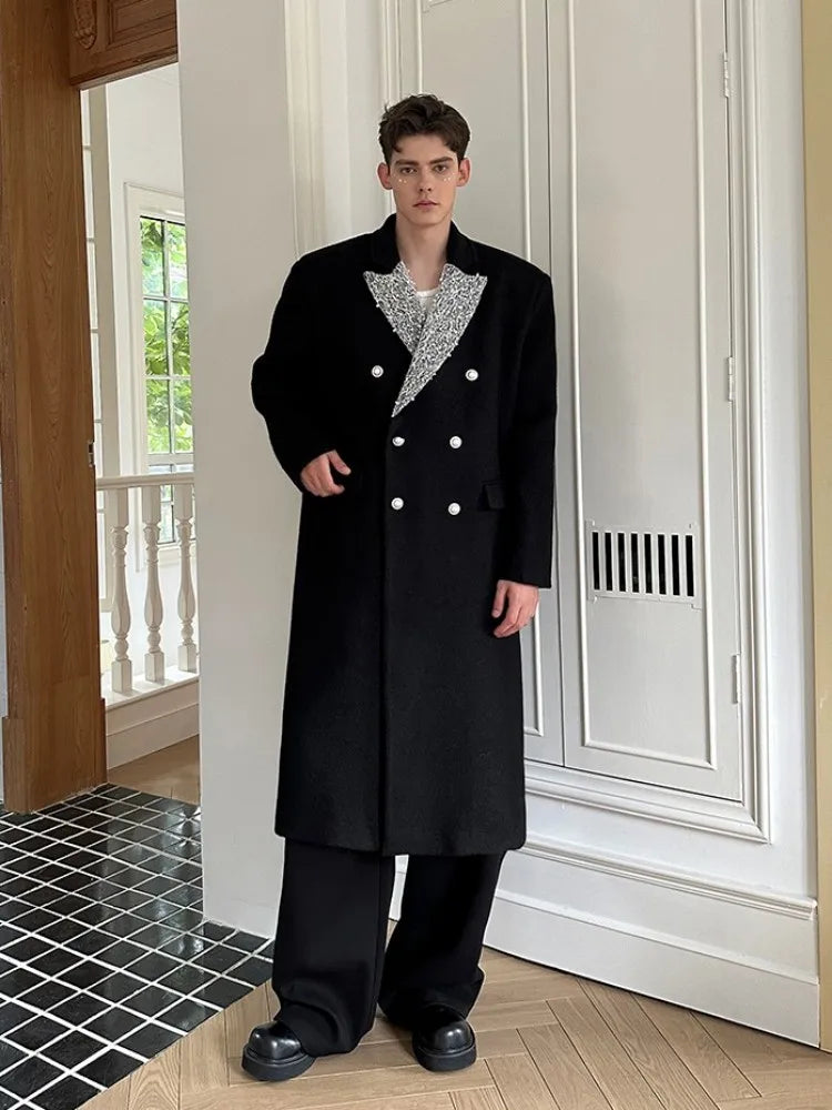 New Mens Designer Autumn Winter Woolen Coat Double Breasted Loose Fit Elegant Party Overcoat Casual Office Men Fashion Trench
