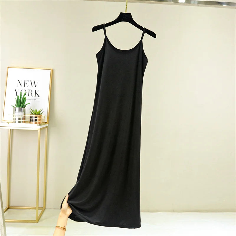 Summer Thin Ice Silk A-Line Dress Women's Casual Long Gown Inner Wear Vest Dress plus Size Korean Style Loose Waist Design