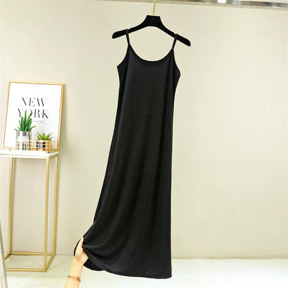 Summer Thin Ice Silk A-Line Dress Women's Casual Long Gown Inner Wear Vest Dress plus Size Korean Style Loose Waist Design