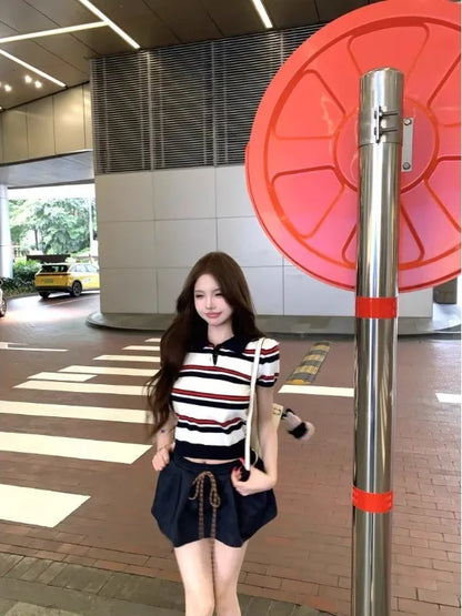 Miu Stripe  Neck Knitted Short Sleeve T-Shirt Women's Summer Design Sensible Short Style Korean Version Slim Fit Top