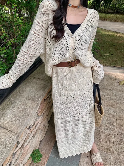 Kumikumi Lazy Style Hollow out Knitted Cardigan Jacket Women's High Waist  Skirt Fashion Set Spring 2025 Acrylic Fabric