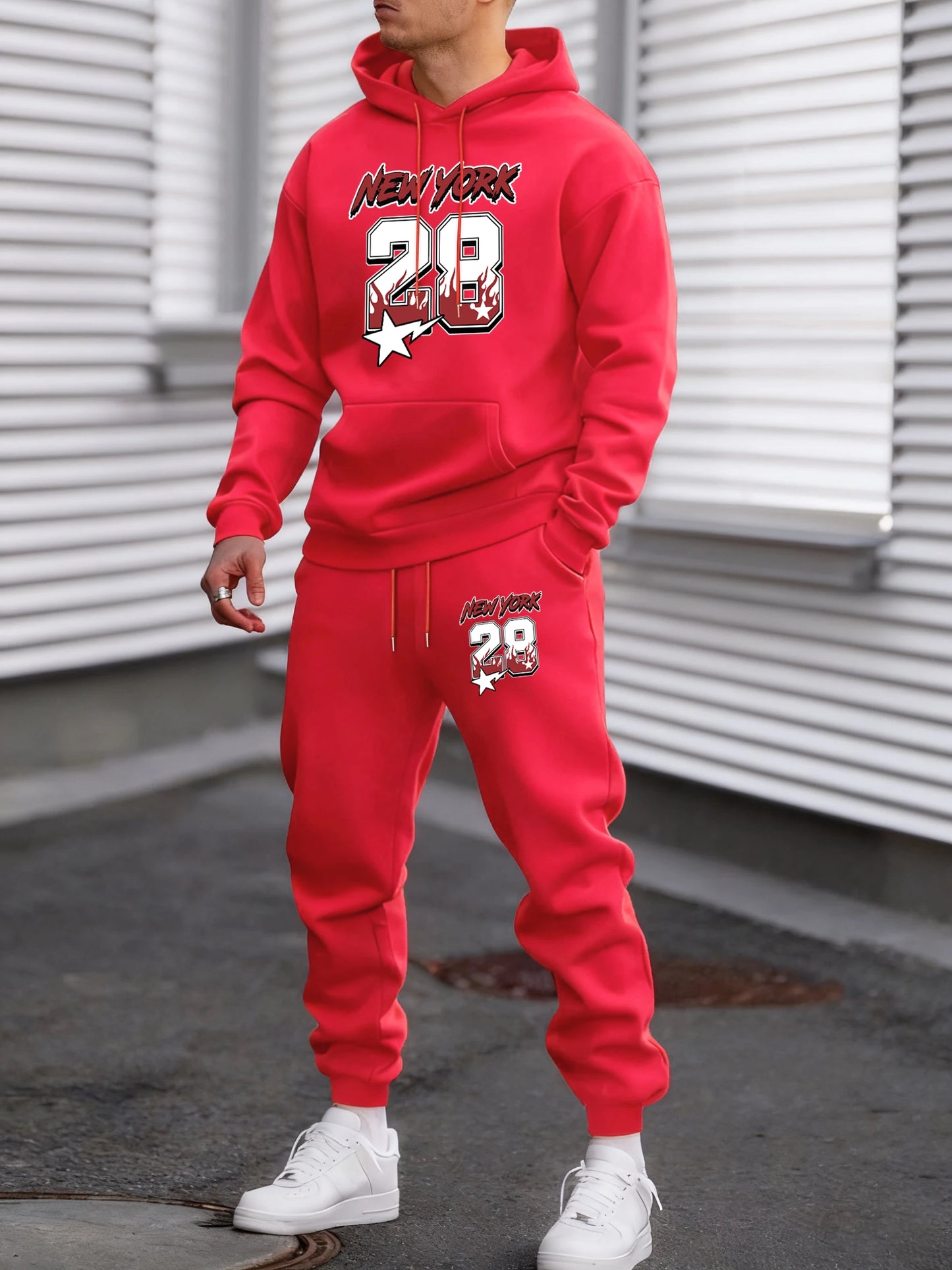 New York 28 Printed Winter Fleece Commute Men Hoodies Pants 2 Piece Set Loose Jogging Sweatpant Basic All-Match Sportswears