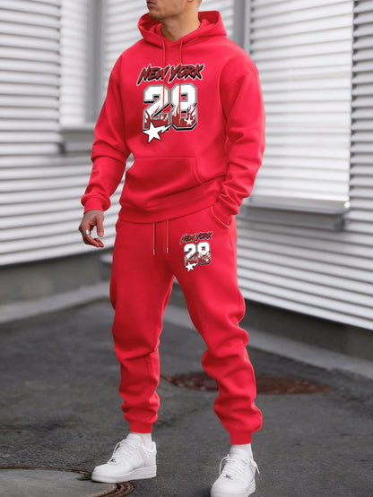 New York 28 Printed Winter Fleece Commute Men Hoodies Pants 2 Piece Set Loose Jogging Sweatpant Basic All-Match Sportswears