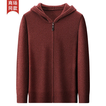 100% cashmere sweater men's hooded casual loose zipper sweater knitted cardigan exterior