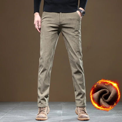 2024 New Winter Fleece Warm Corduroy Pants Men Business Fashion Slim Fit Stretch Thicken Gray Khaki Fluff Casual Trousers Male