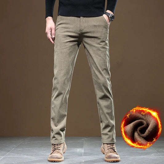 2024 New Winter Fleece Warm Corduroy Pants Men Business Fashion Slim Fit Stretch Thicken Gray Khaki Fluff Casual Trousers Male