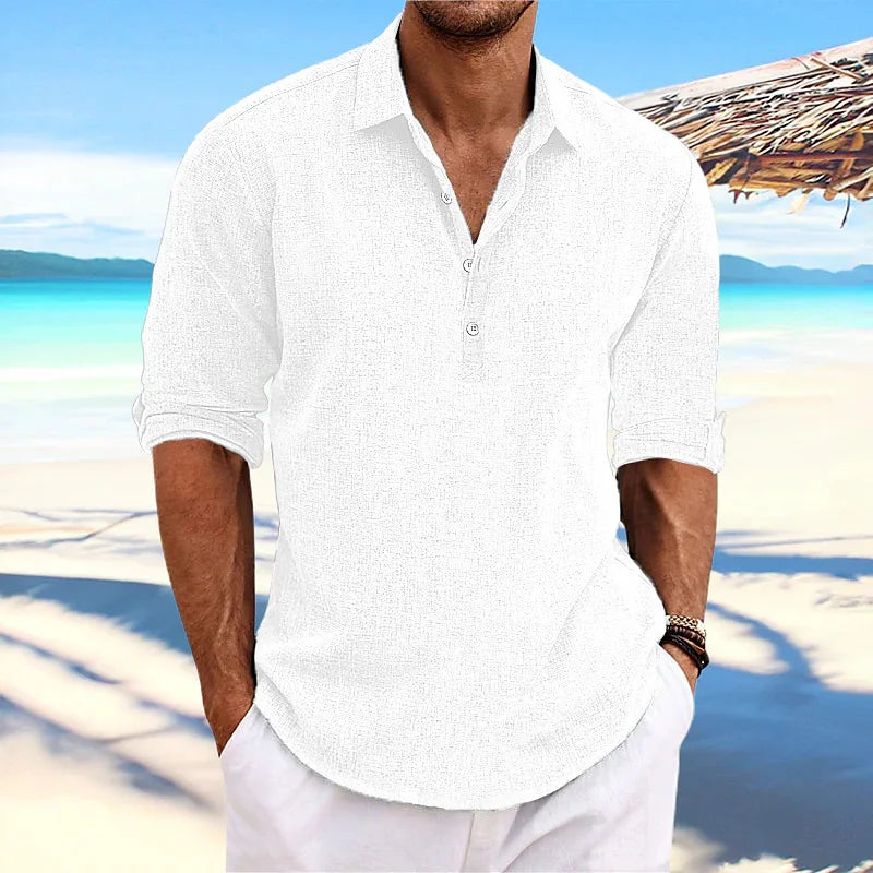 Men's Half Button Polo Shirt Short Sleeve Linen Look Casual Summer Top 2026