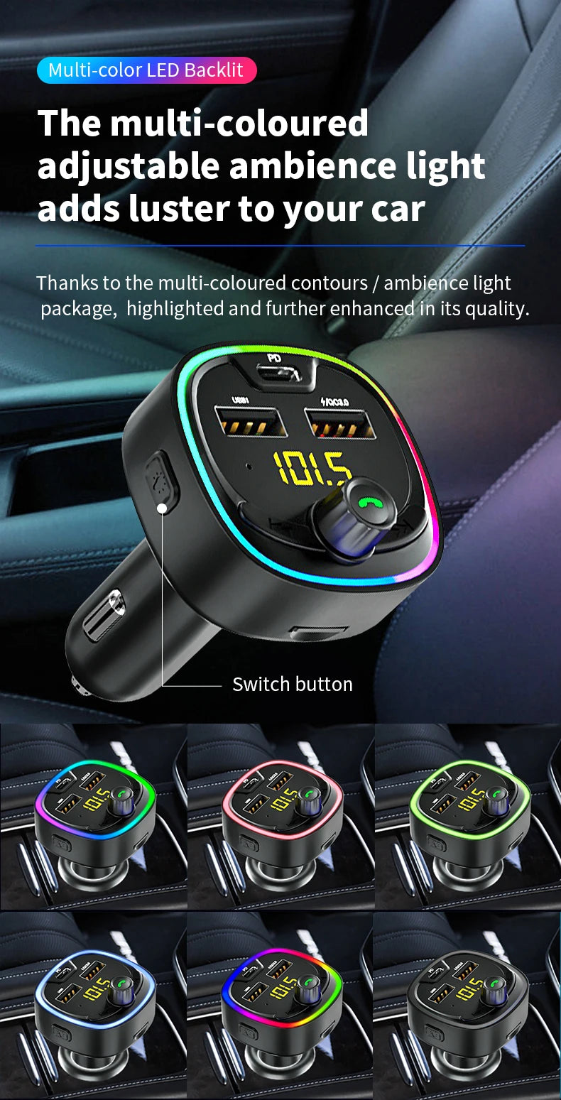Car FM transmitter, wireless 5.0 QC3.0 & PD 18W USB-C car charger, RGB backlit car receiver, supports hands-free calls, Siri Goo