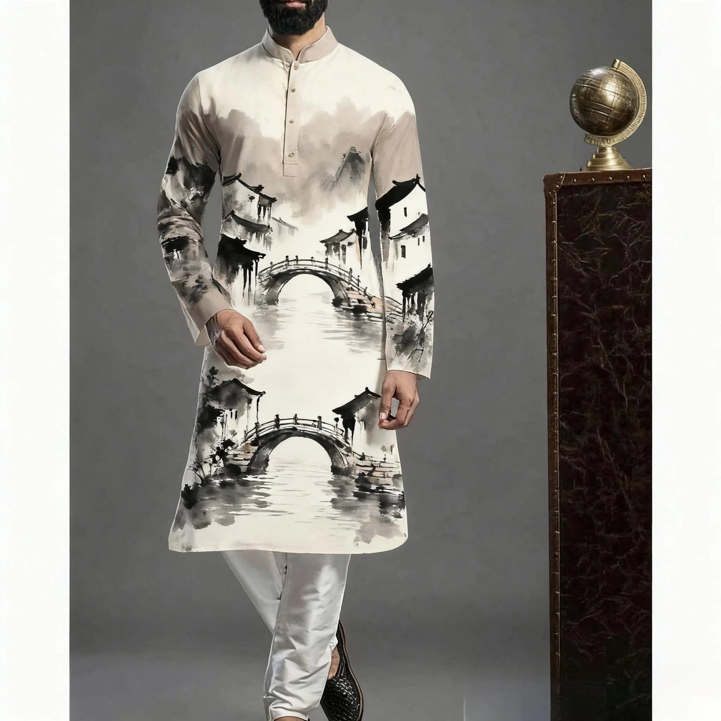 Muslim Kurtta Shirt Men Clothes Folk Kaftan Musulman Kurta Indian Islamic Clothing National Printed Long Sleeve Shirts