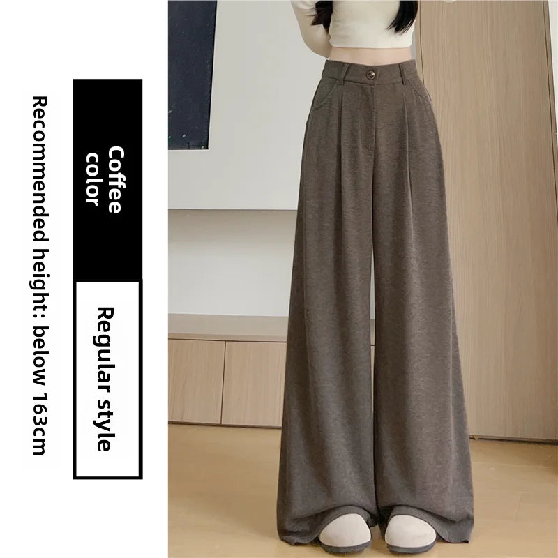 Korean Style High Waist Loose Fit Fleece Lined Wide Leg Pants Women's Autumn Winter New Arrival Straight Cut Trousers