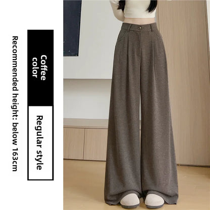 Korean Style High Waist Loose Fit Fleece Lined Wide Leg Pants Women's Autumn Winter New Arrival Straight Cut Trousers