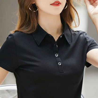 Female Tee Slim 100℅ Cotton Plain Button Women's Polo Korean Clothing Goth T-shirts Elegant Cheap Aesthetic Hot Sales Emo Kpop