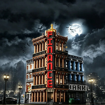Adult modular building block set with 3,763 pieces, featuring a corner financial center street scene model, including bank and s