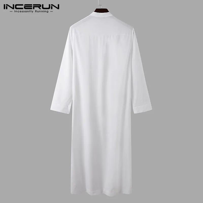 INCERUN Muslim Men Jubba Thobe Solid 2024 Long Sleeve Thin Robes Kaftan Stand Collar Islamic Arabic Fashion Men Caftan S-5XL