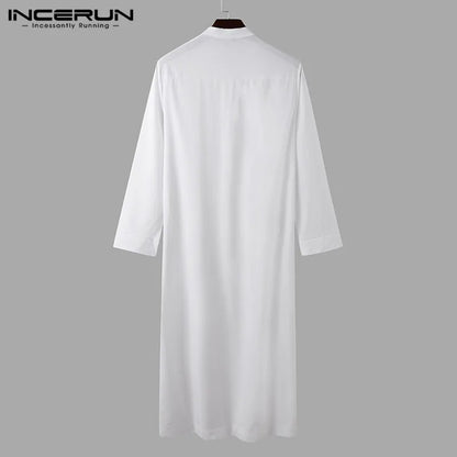 INCERUN Muslim Men Jubba Thobe Solid 2024 Long Sleeve Thin Robes Kaftan Stand Collar Islamic Arabic Fashion Men Caftan S-5XL