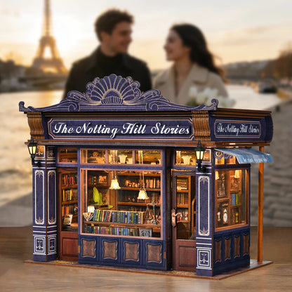 DIY Book Nook Kit Notting Hill Bookstore Wooden  Bookshop Dollhouse with Light Bookshelf Insert 3D Puzzle Decor for Gift