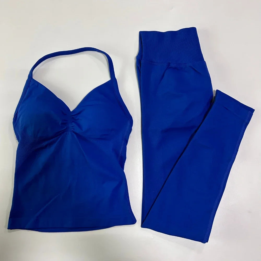 2 Pieces Sports Set Women Backless Tank Yoga Tops High Waist Scrunch Seamless Shorts Sport Gym Set Sportswear Workout Set