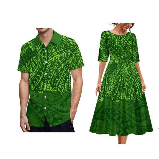 Tribal Clothing Polynesian Men Shirt Hawaiian Print Customized Large Round Neck Women Dress Couple Fashion Elegant Match