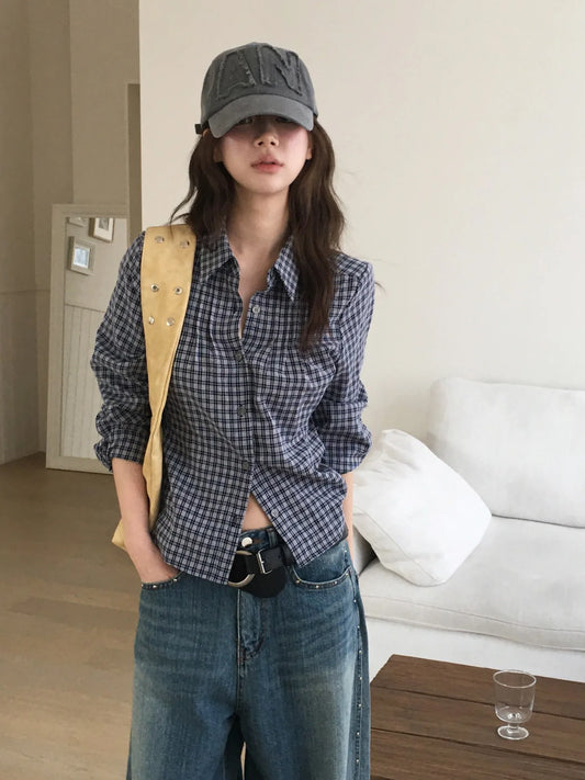 Slimming Plaid Shirt Women's New Chic Spring Vintage Turn-down Collar Waist-cinching Long Sleeve  Collar Top Korean Style