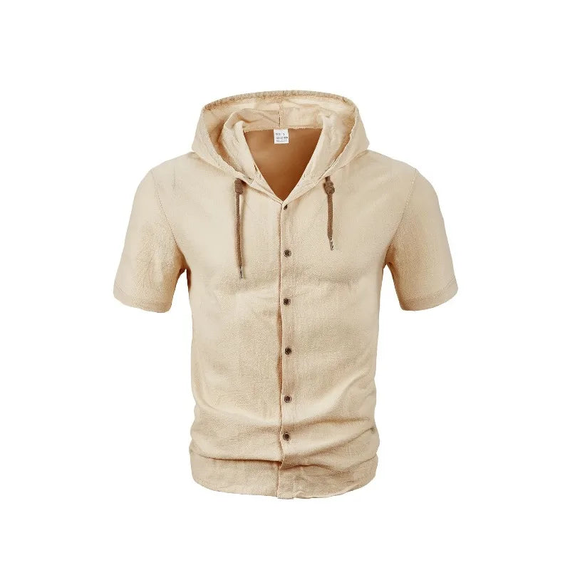 Men's Hooded Button Down Shirt Short Sleeve Linen Look Casual Top Drawstring Summer Beach Vacation Shirt 2026