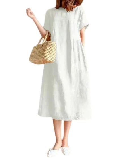 Casual Cotton Linen Dress Artistic Short Sleeve Midi Skirt Women's Fashion Summer round Neck Single Piece A-Line Skirt