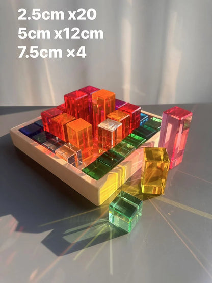 Wooden Building Blocks Set Stacking Castle Toys with Transparent Cubes Rainbow Timbers Trees Animals Giraffe for Kids
