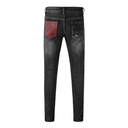 Men's Fashionable Black/Gray Jeans with Pleats Nostalgic Perforations Red Patches Washed Water High Street Style