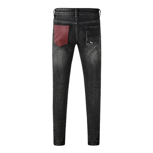 Men's Fashionable Black/Gray Jeans with Pleats Nostalgic Perforations Red Patches Washed Water High Street Style