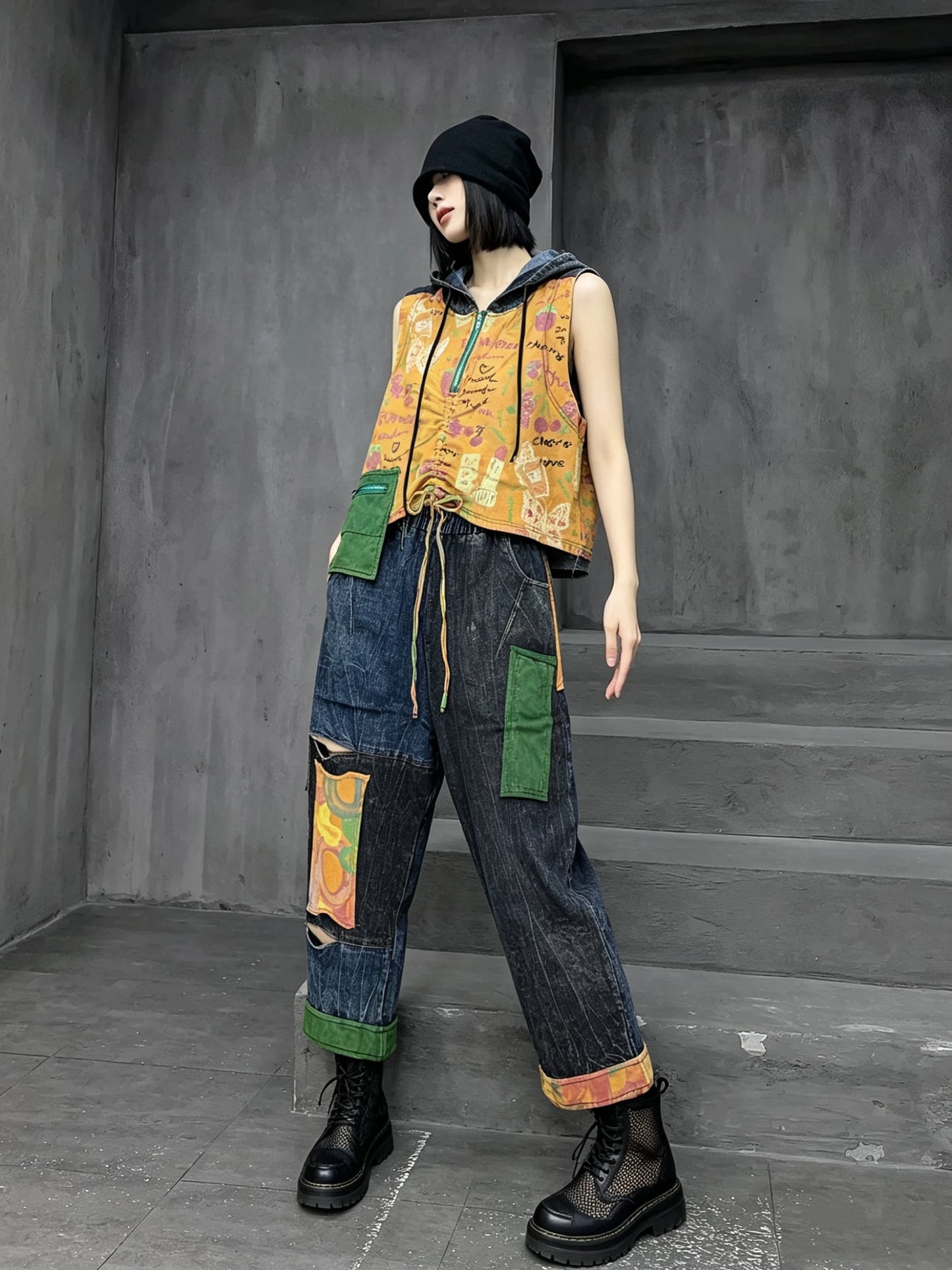 Distressed Color-blocked Denim Patchwork Hooded Vest + Jeans Two-piece Set Women 2026 Summer Stylish Fashion Suit XY324