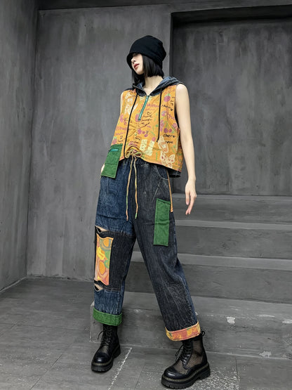 Distressed Color-blocked Denim Patchwork Hooded Vest + Jeans Two-piece Set Women 2026 Summer Stylish Fashion Suit XY324