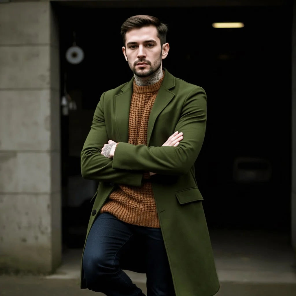 Men's Woolen Blend Single-Breasted Overcoat Winter Warm Long Coat Street Fashion Solid Color Jacket