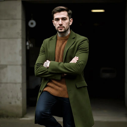 Men's Woolen Blend Single-Breasted Overcoat Winter Warm Long Coat Street Fashion Solid Color Jacket