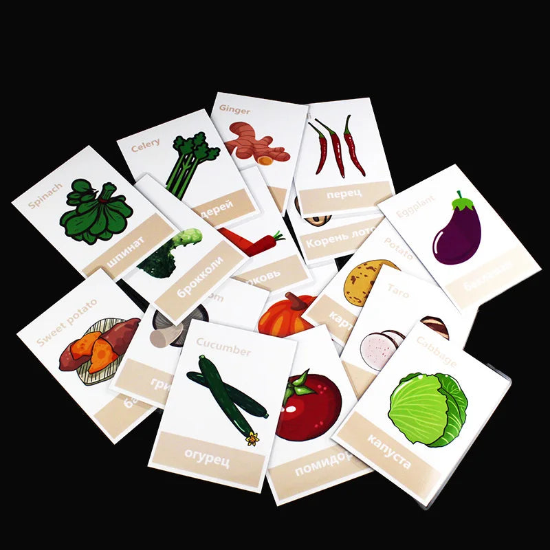 64pcs Russian Animals/Vegetables/Fruits/Number English Learning Card  Learning Early Education Children's Games Word Pocket Card