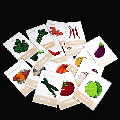 64pcs Russian Animals/Vegetables/Fruits/Number English Learning Card  Learning Early Education Children's Games Word Pocket Card